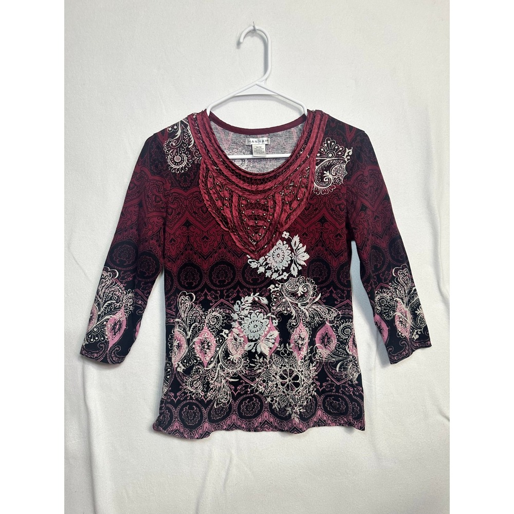 Hannah Womens 3/4 Sleeve Embellished Boho Paisley Cotton Top Burgundy Pink Med M